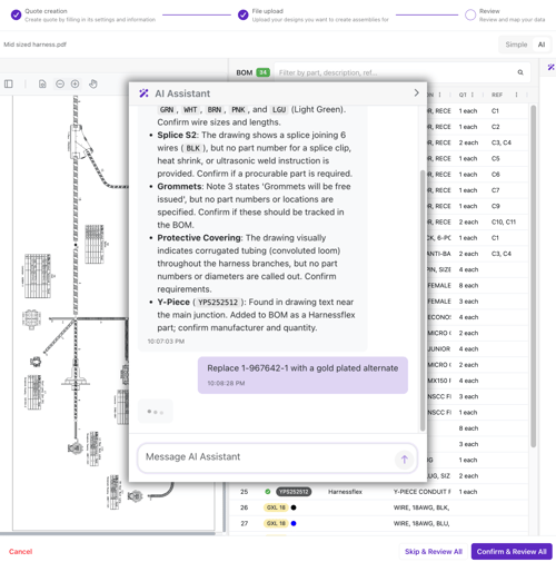 Cableteque AI Assistant reviewing a wire harness drawing and flagging items that need confirmation before quoting