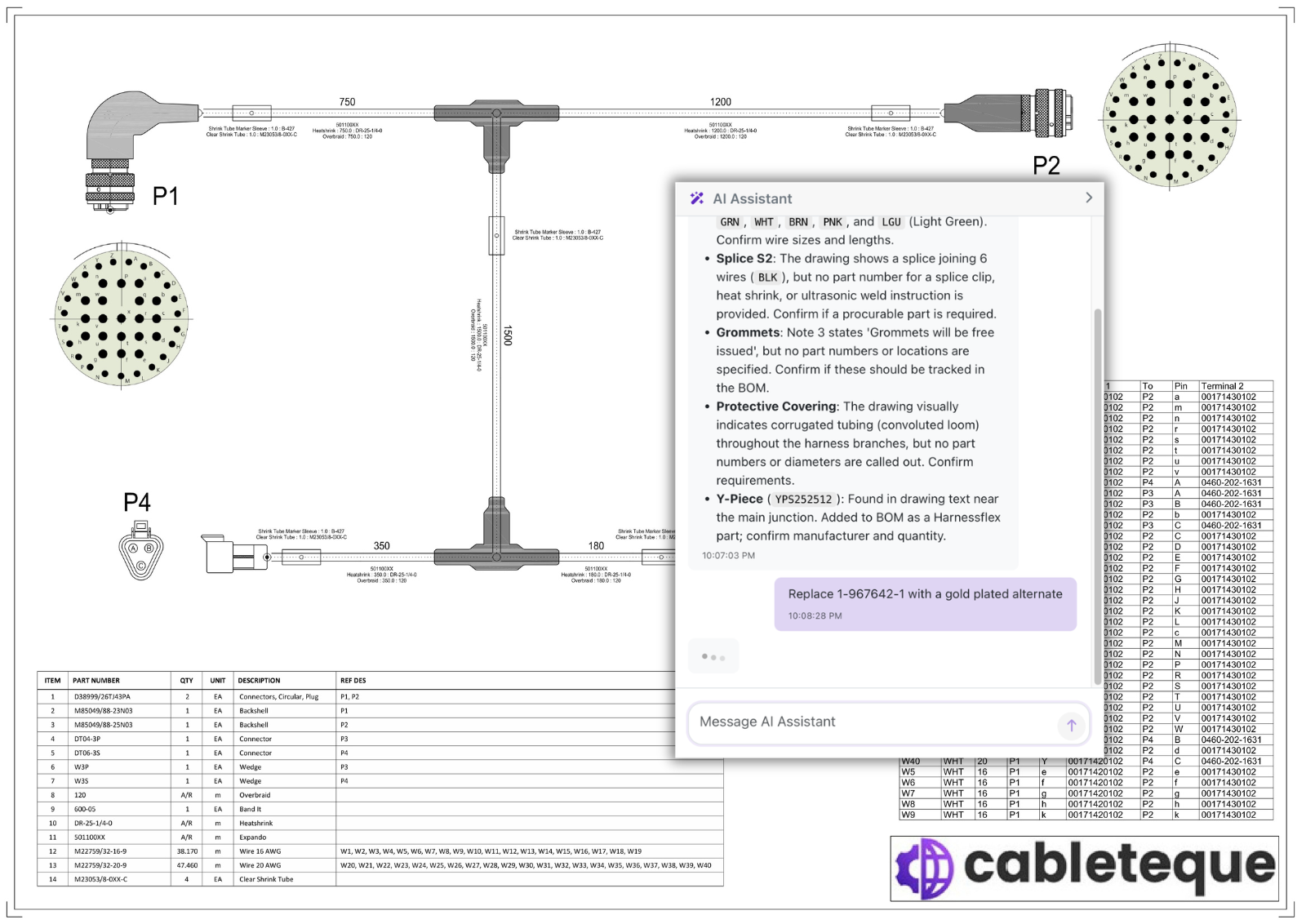 Cableteque AI analyzing a wire harness drawing