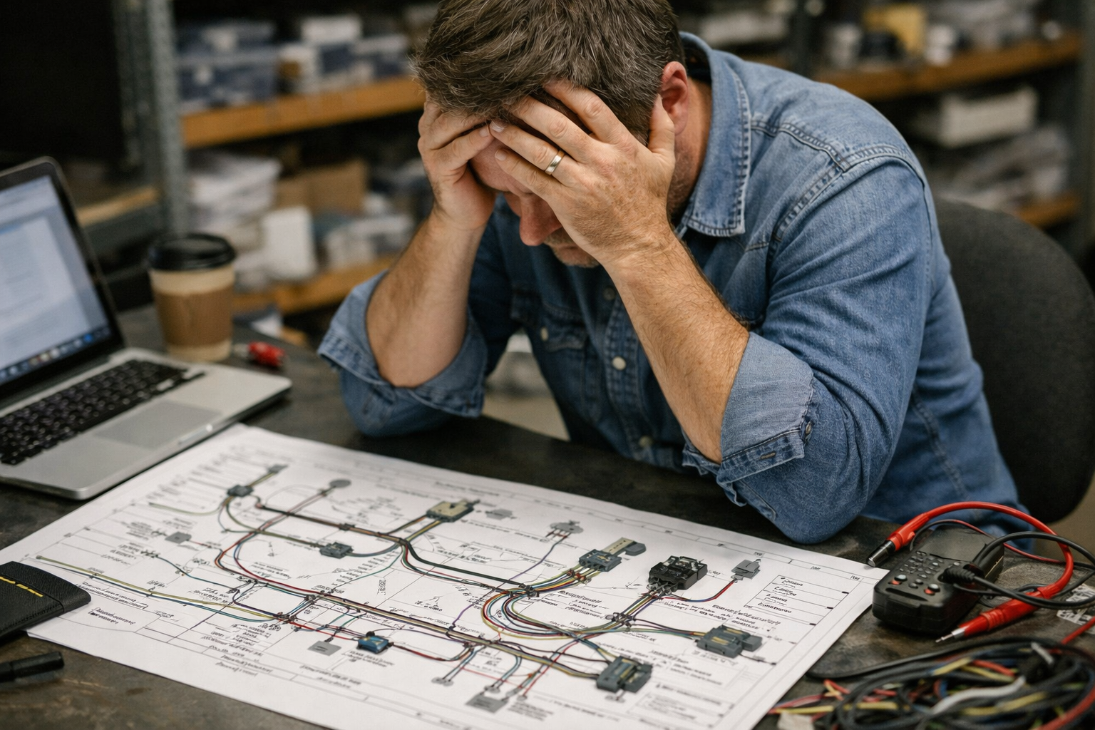 photographic create a photo like image of a man sitting at a desk with his head in his hands looking at a wire harness drawing