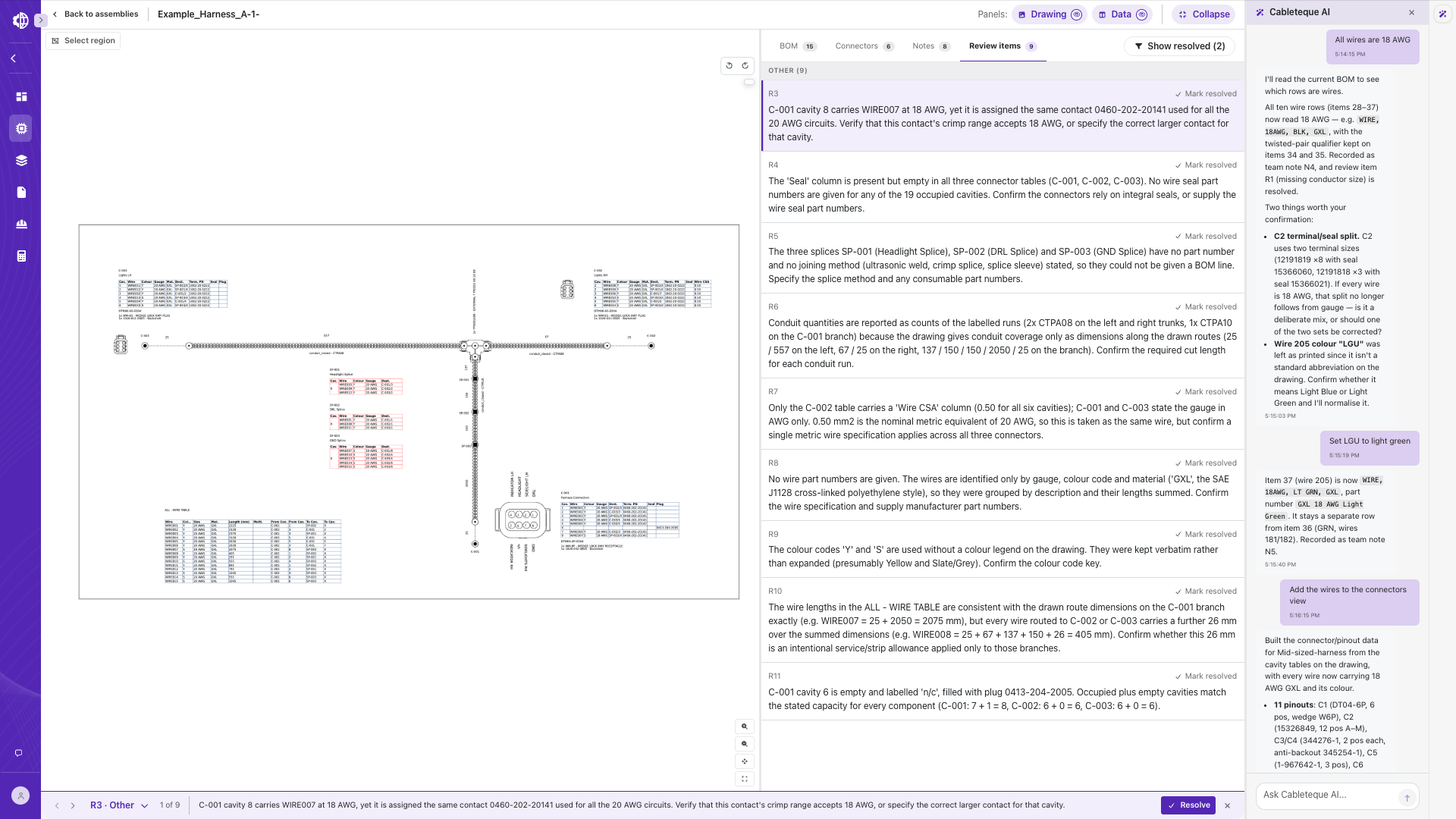 Quoting BOM and wire list built by Cableteque AI